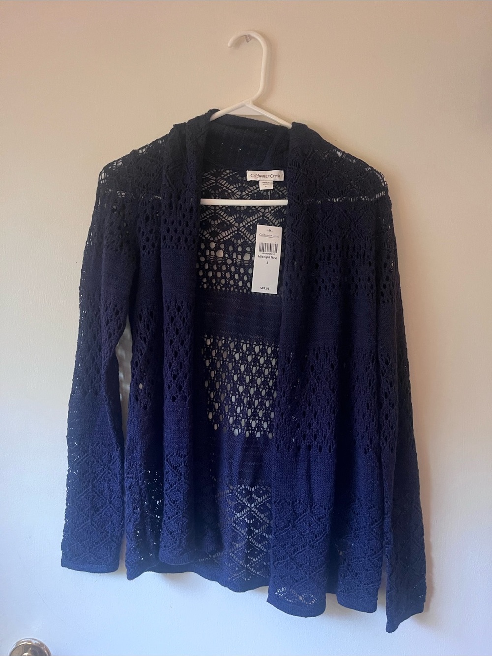 Coldwater Creek NWT women’s Midnight Navy Openwork Knit Cardigan Size Small